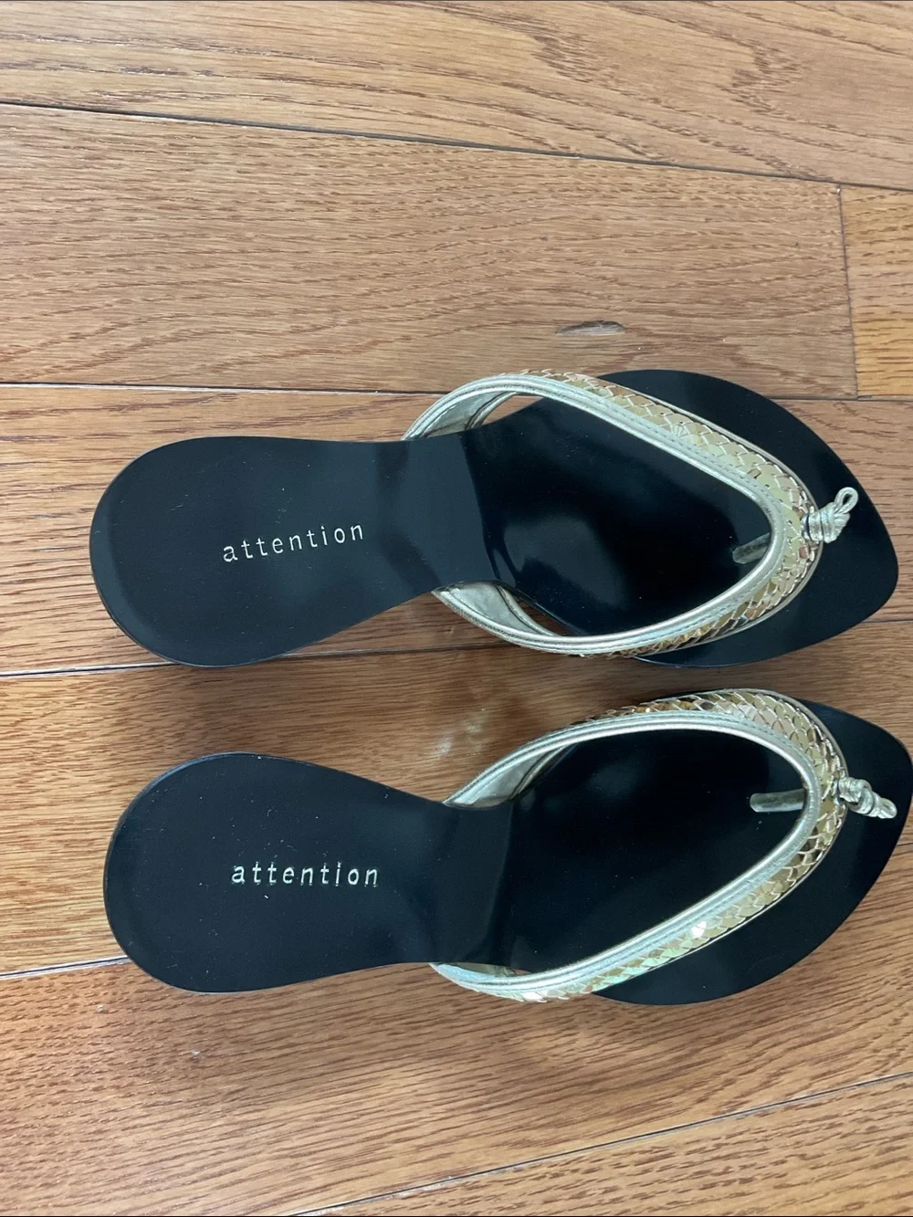 Attention,  Black Thong Sandals with Gold Braided Trim NWOT Sz 6